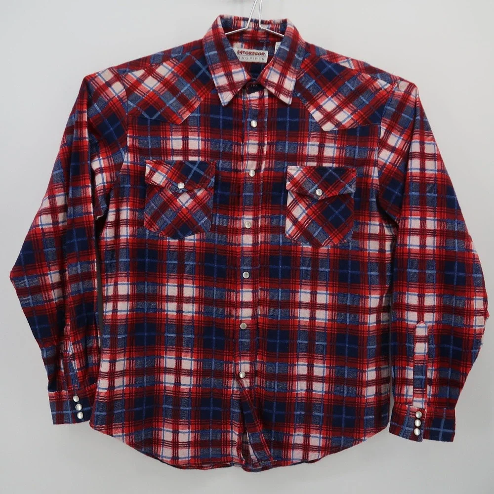 Vintage McGregor Bagpiper Mens Medium Red Blue Plaid Western Pearl Snap Flannel